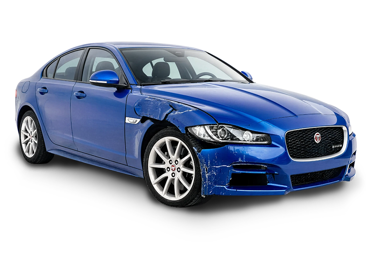 Blue Jaguar saloon with front-end damage — we buy broken and accident-damaged cars